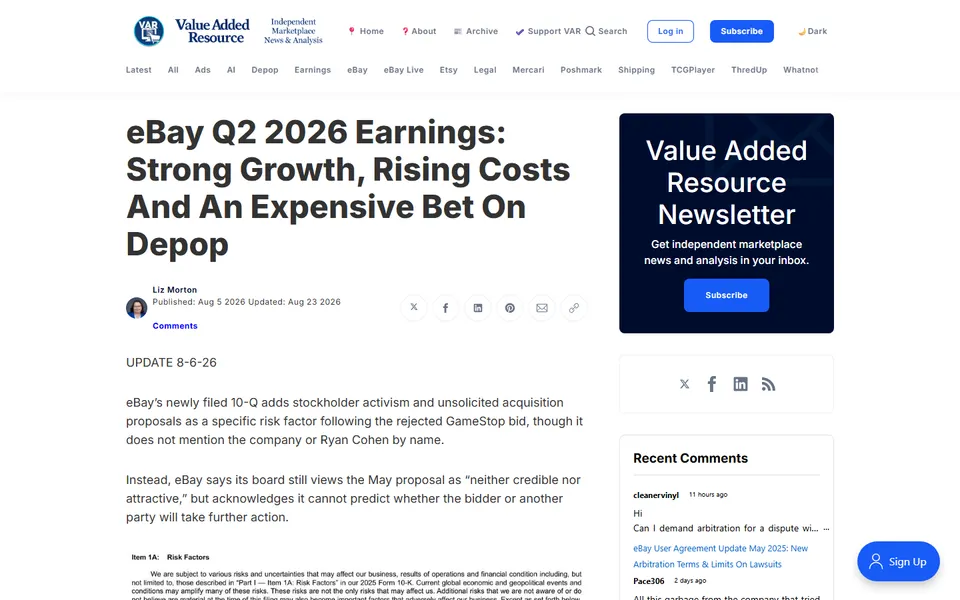 Value Added Resource article page on eBay’s second-quarter 2026 earnings, headed Strong Growth, Rising Costs And An Expensive Bet On Depop.